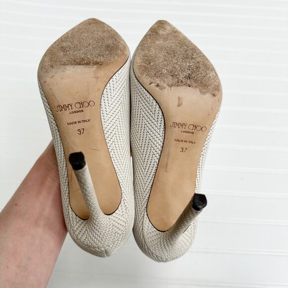 Jimmy Choo Romy 100 Embossed Leather Pumps Latte Cream Off White Heels 37 - Picture 8 of 10